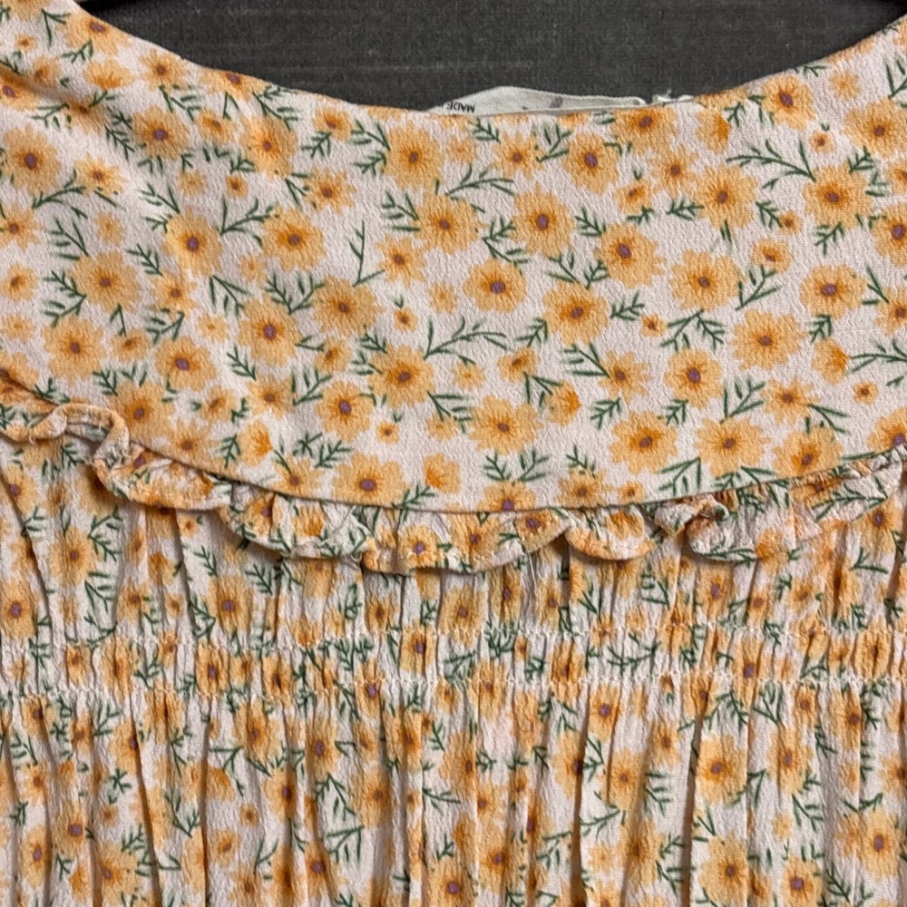 Elodie Top M Orange Yellow Floral Smocked Ruffle Collar Tie Crop Boho Cottage - Picture 8 of 10